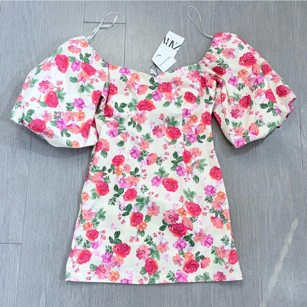 NWT ZARA THE CAROLINE DRESS S MINI FLORAL OFF SHOULDER PUFF SLEEVE Blogger Fave - Picture 13 of 16